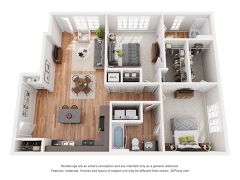 Floor plan for 2 beds, 2 baths, 1062 sqft